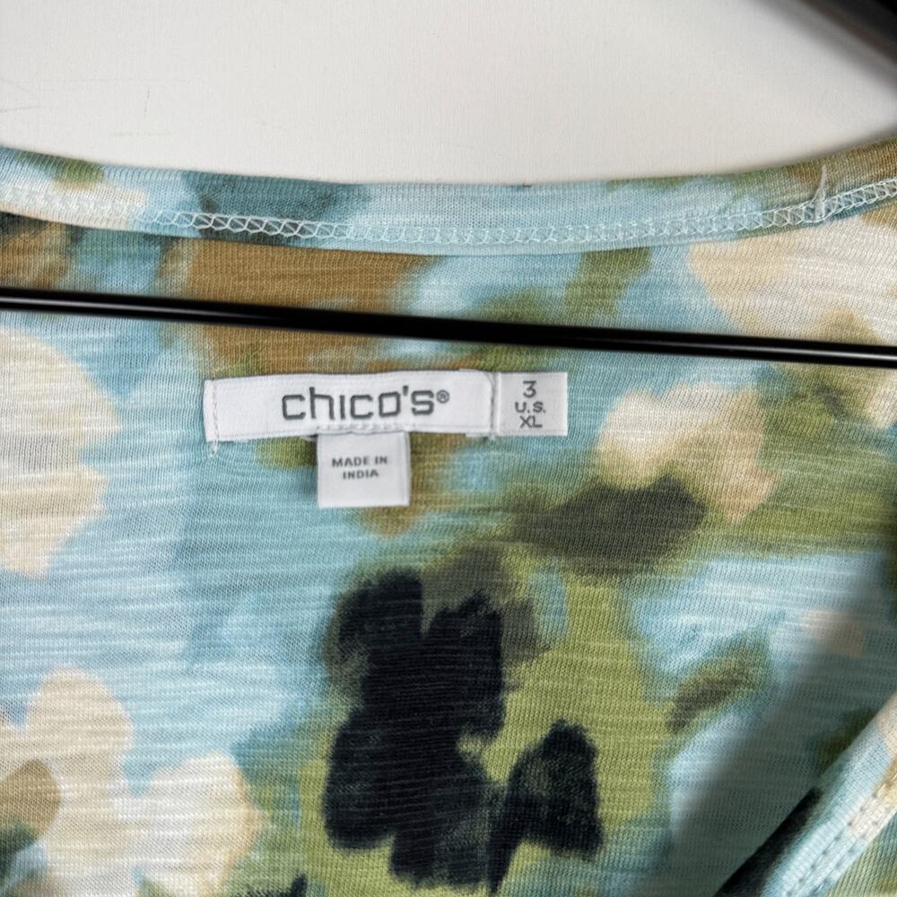 Chico's Printed Slub Puff-Sleeve Tee Shirt Green Abstract V-Neck - 3 XL - Picture 4 of 9